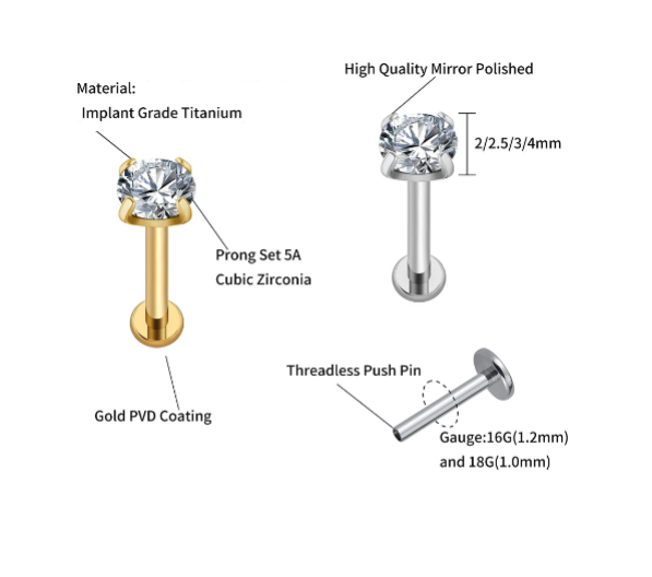 Flatback CZ Stud - Threadless Push Pin