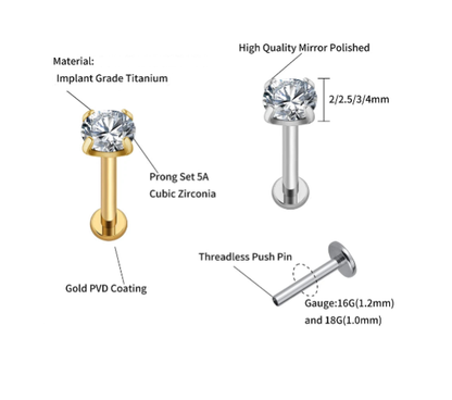 Flatback CZ Stud - Threadless Push Pin